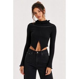 Live Tree Womens Black Ribbed Knit Long Sleeve Lettuce Edge Split Hem Top Large